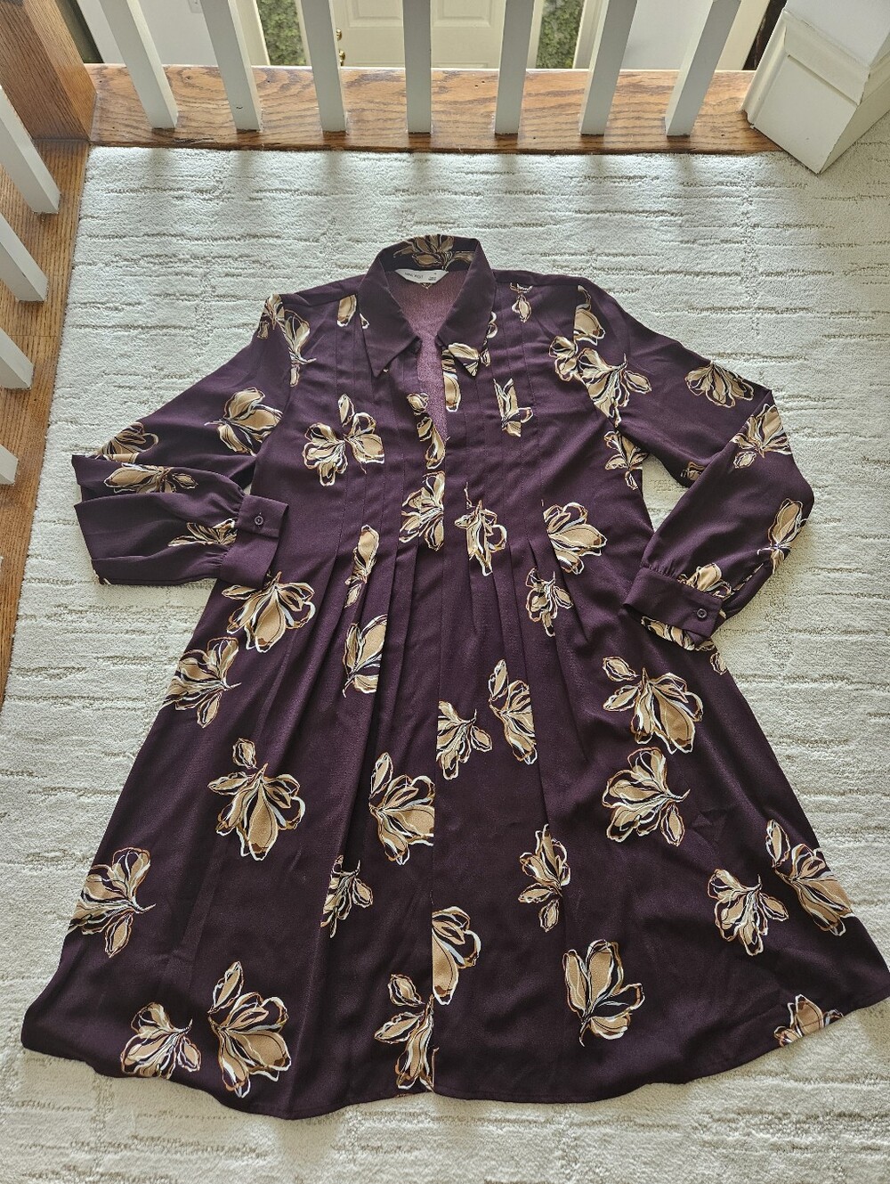 Nine West Burgundy Floral Pleated Shirt Dress, Size Medium